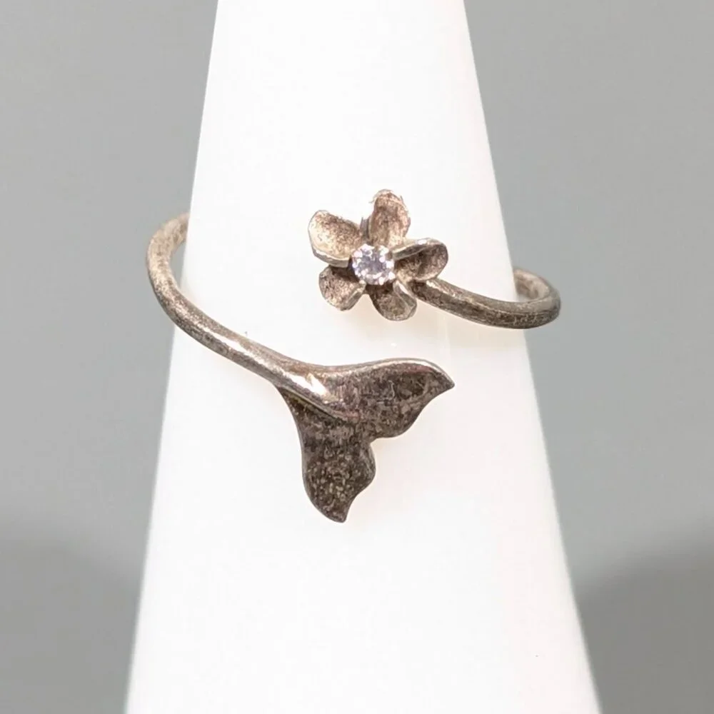 Sterling Silver 925 Flower Dolphin Tale Bypass Wrap Ring‎ Size 5  Boho Surfer